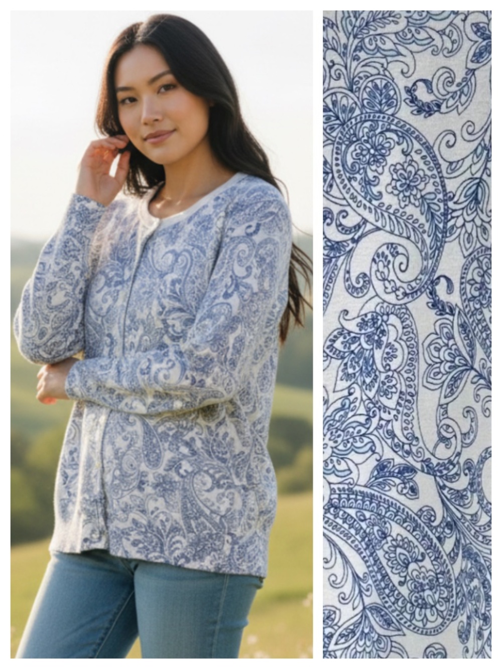 Lands End Cardigan Sweater Sz 2X 3X 20W 22W Blue White Floral Paisley Cottage